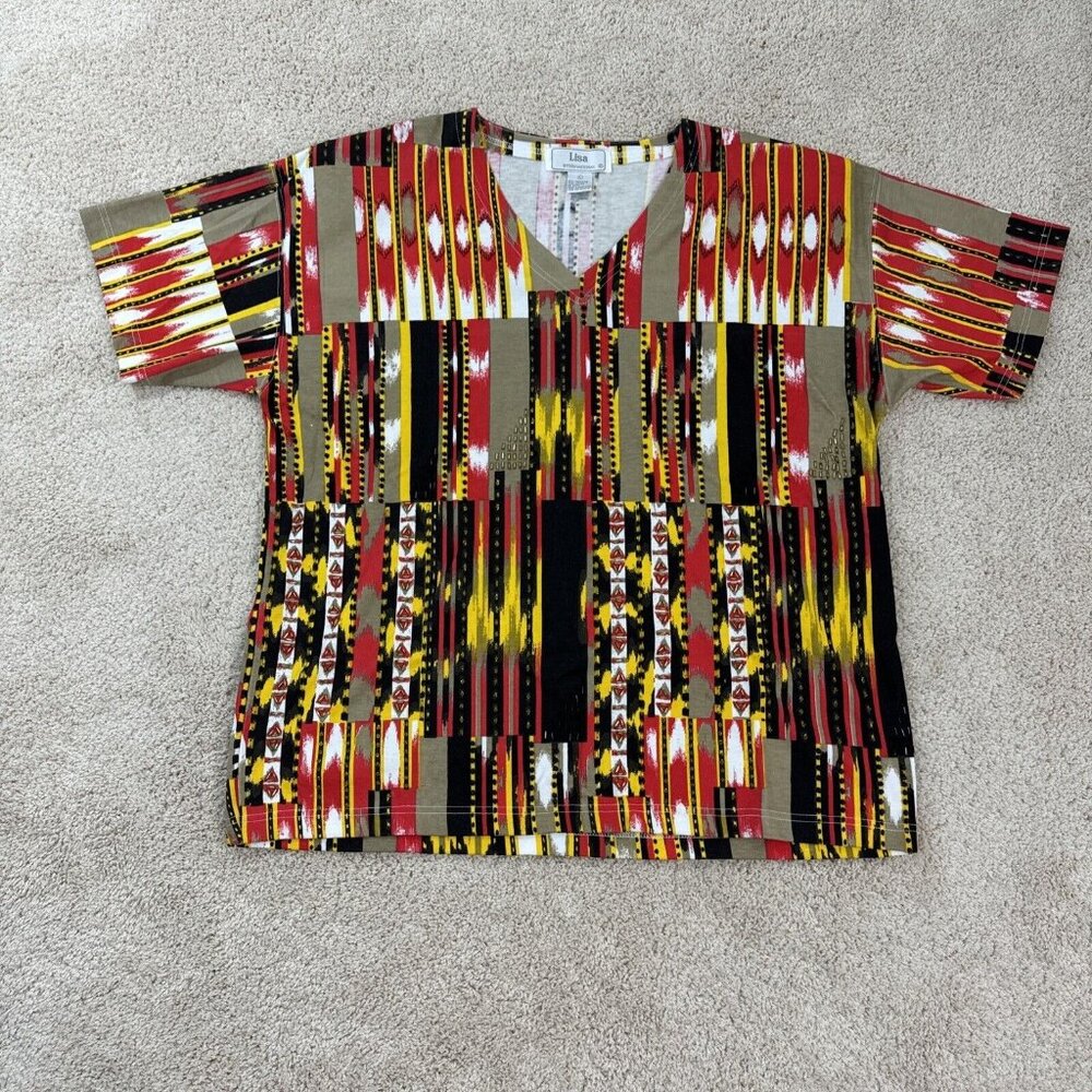 Lisa International Blouse Women L Yellow Black Red Top Embellished Beaded V Neck